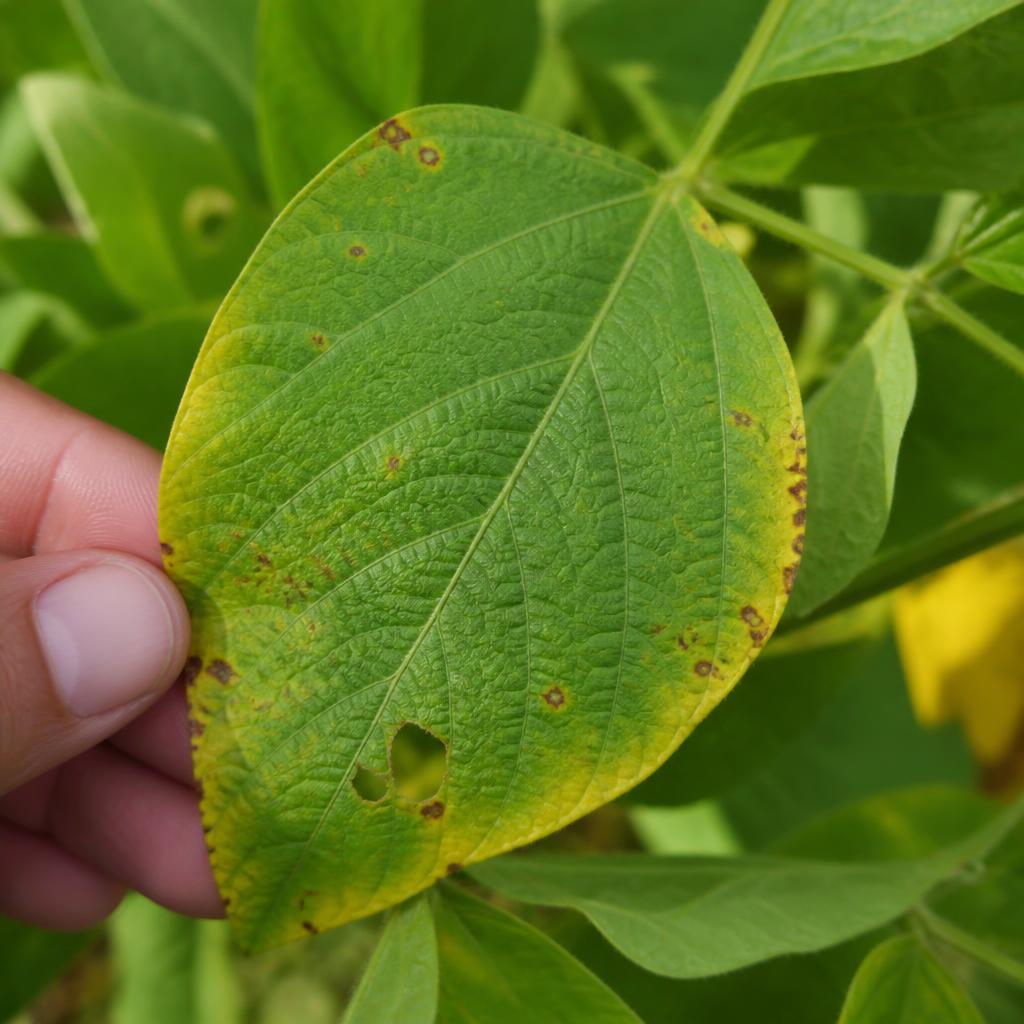 Close-up of a bean leaf showing yellowing and spotting